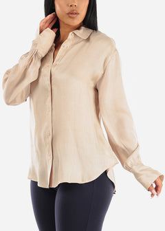 Long Sleeve Button Up Satin Collared Blouse Beige