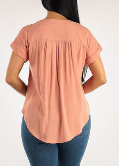 Short Sleeve Loose Button Up Peach Blouse
