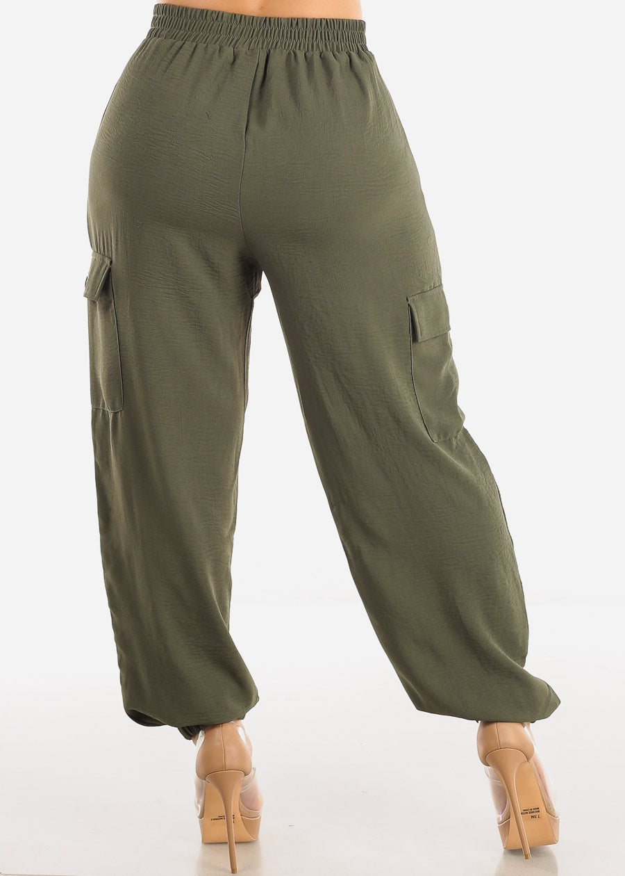 High Waist Cargo Elastic Jogger Pants Olive