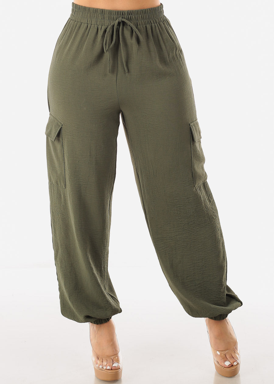 High Waist Cargo Elastic Jogger Pants Olive