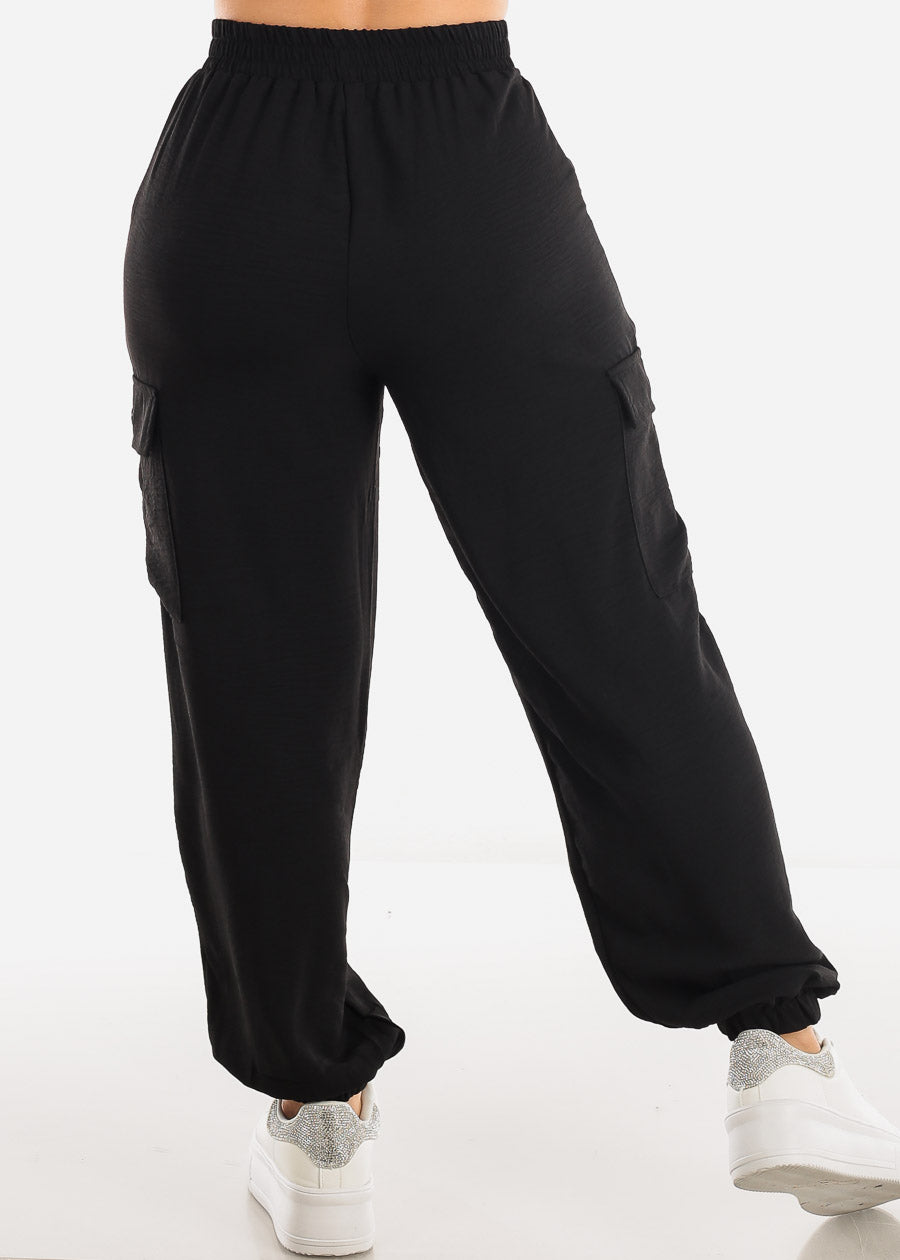 High Waist Black Cargo Elastic Jogger Pants