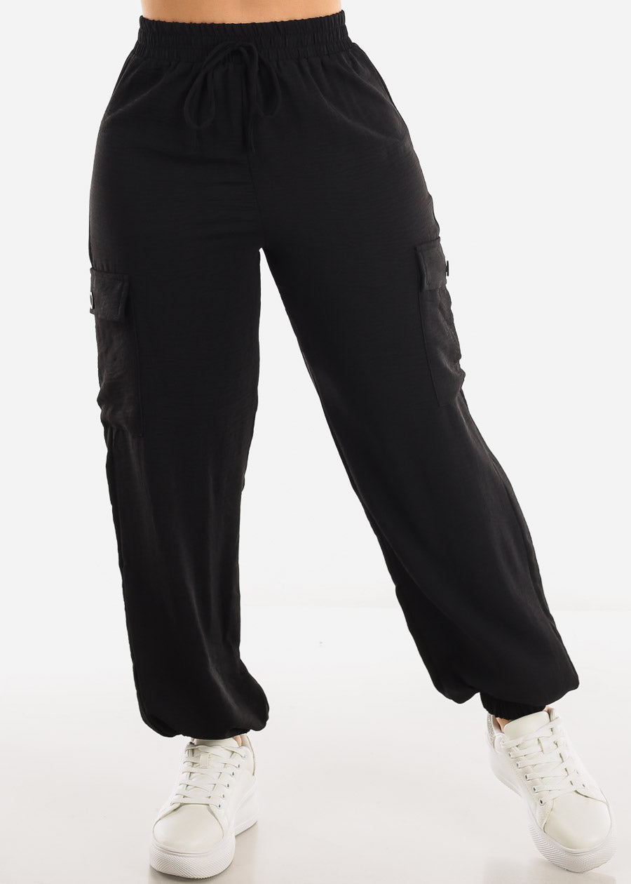 High Waist Black Cargo Elastic Jogger Pants