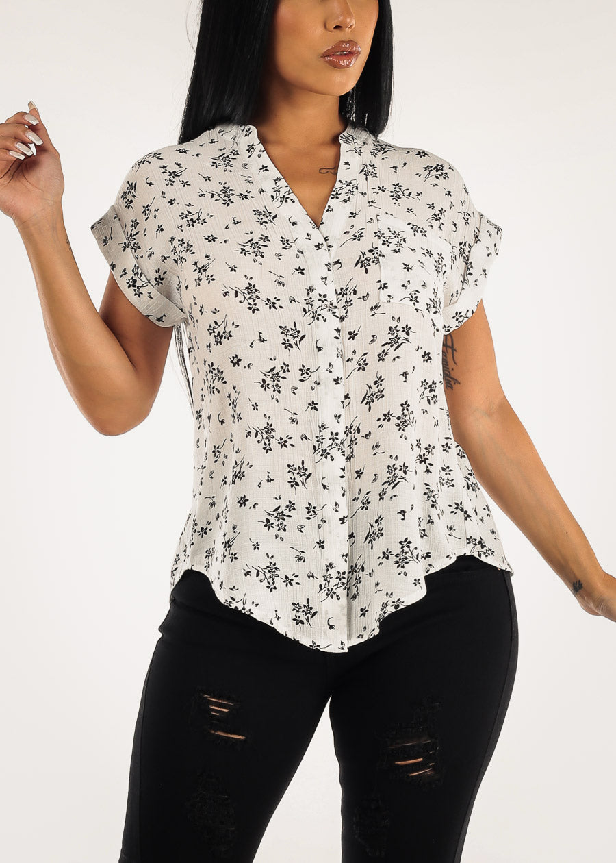 White Floral Short Sleeve Loose Button Up Shirt