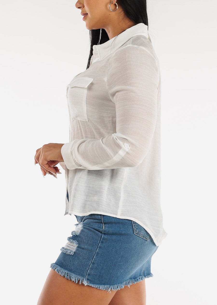 White Button Down Collared Long Sleeve Shirt