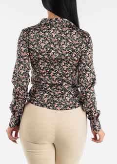 Button Down Ruched Stretchy Floral Blouse