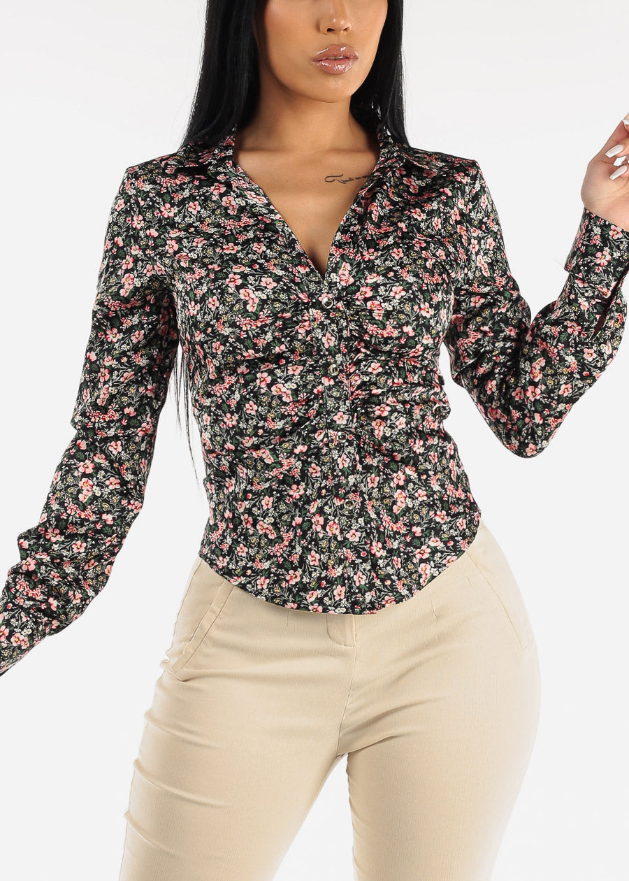 Button Down Ruched Stretchy Floral Blouse