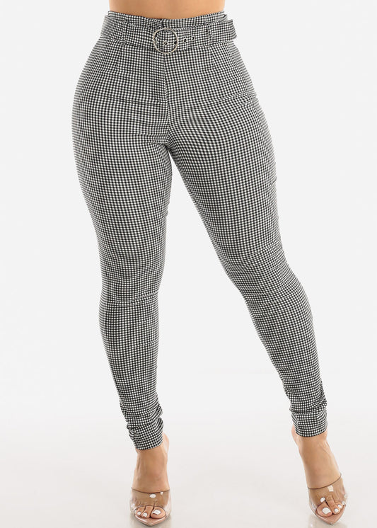 Super High Waist Checkered Skinny Pants w Belt