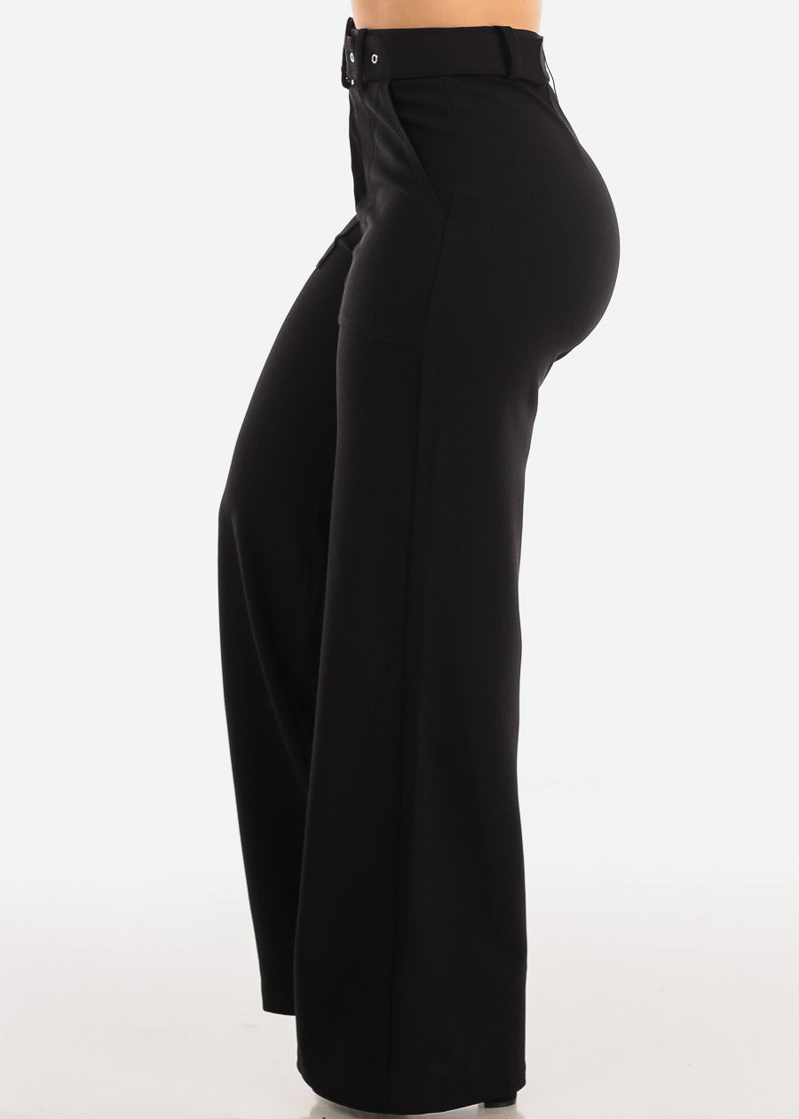 Black Wide Leg Stretch Dress Pants w Belt