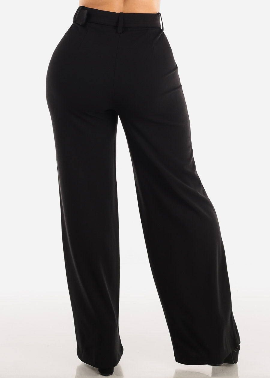 Black Wide Leg Stretch Dress Pants w Belt