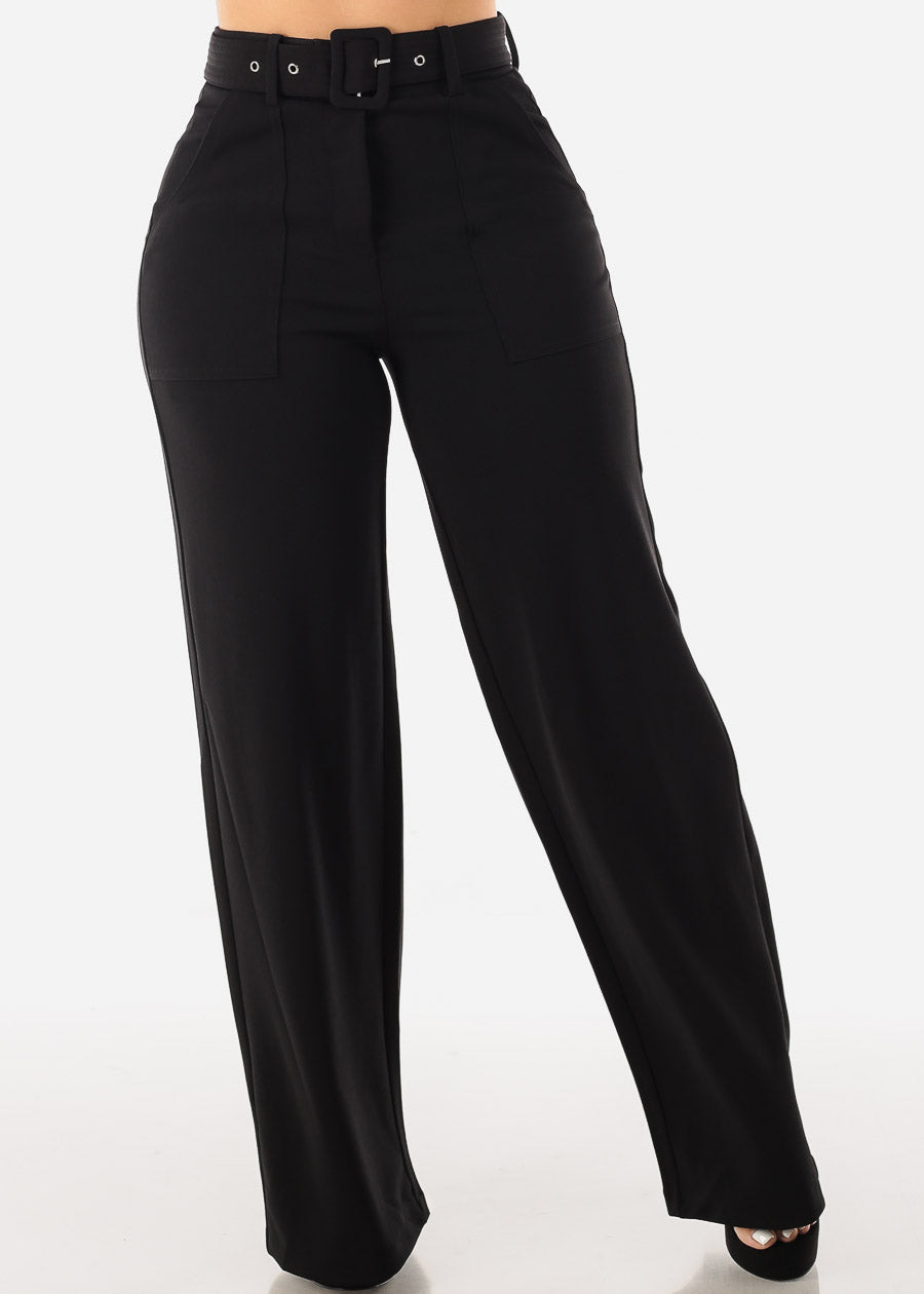 Black Wide Leg Stretch Dress Pants w Belt