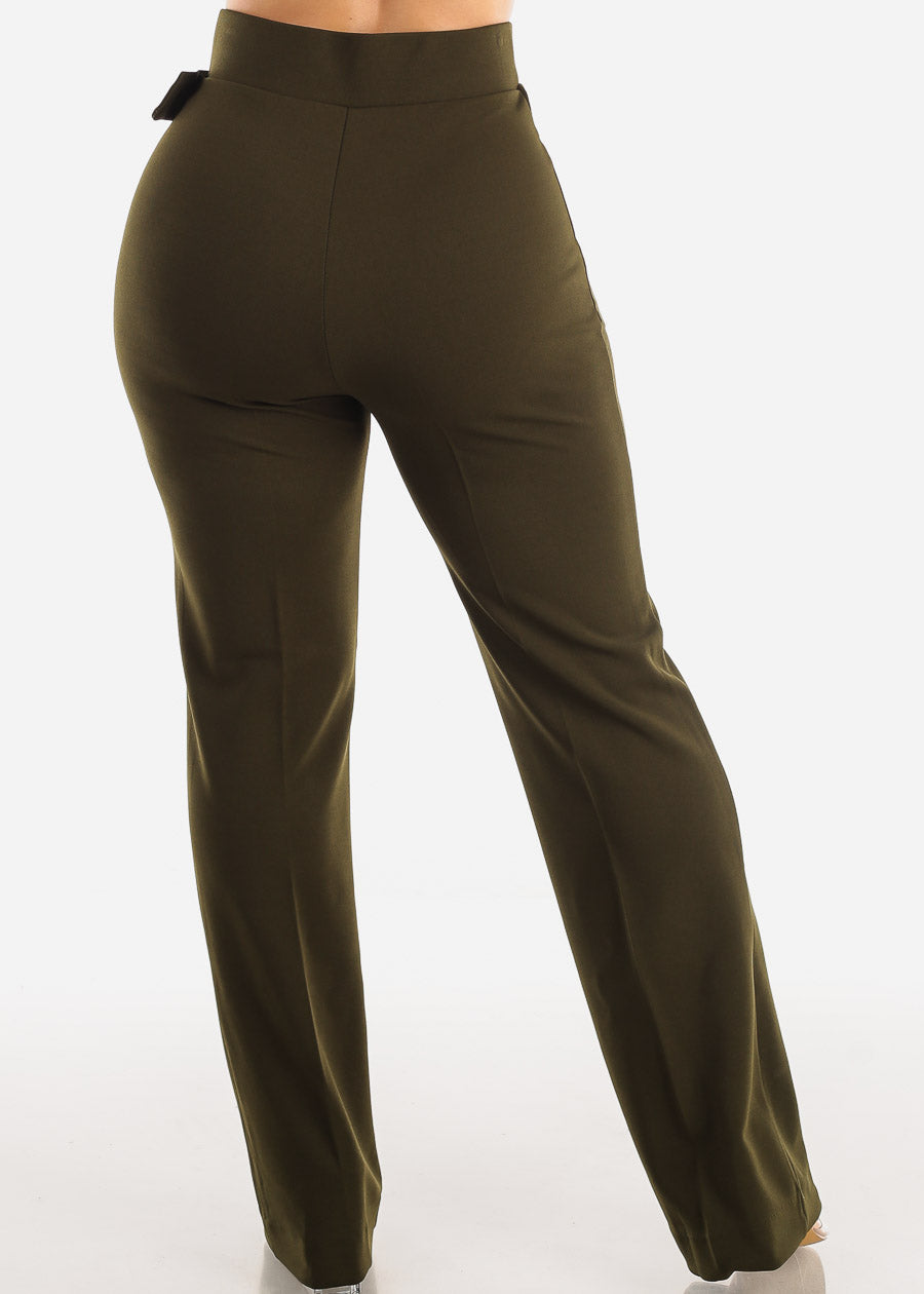 High Waist Straight Leg Stretch Dress Pants w Belt Olive