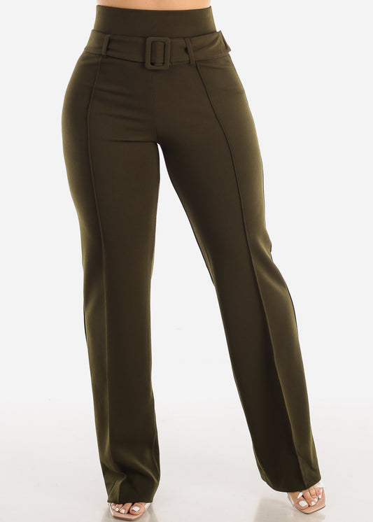 High Waist Straight Leg Stretch Dress Pants w Belt Olive