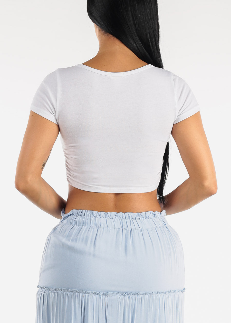 White Short Sleeve Ruched Sides Crop Top