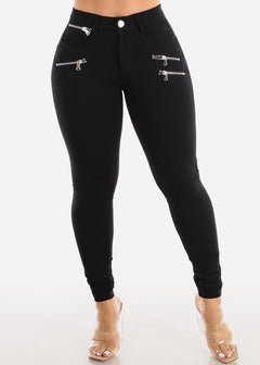 Black Mid Rise Skinny Pants w Zipper Detail