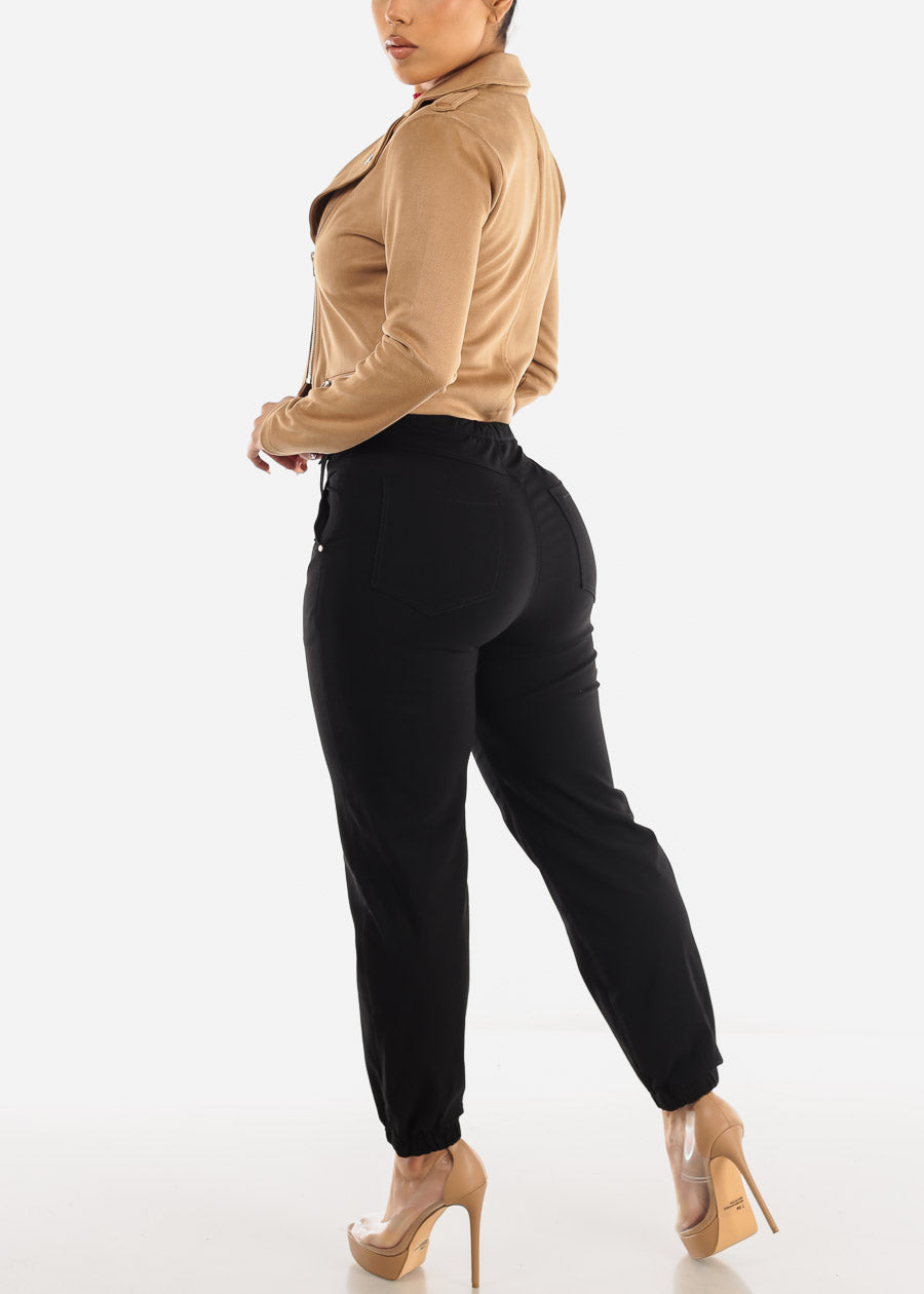 Women's High Rise Black Dressy Jogger Pants - Black Button Up