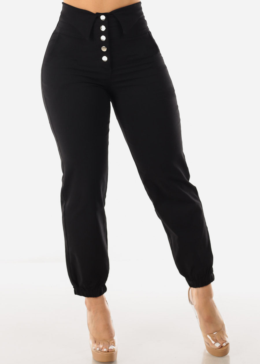 Women's High Rise Black Dressy Jogger Pants - Black Button Up Joggers –  Moda Xpress