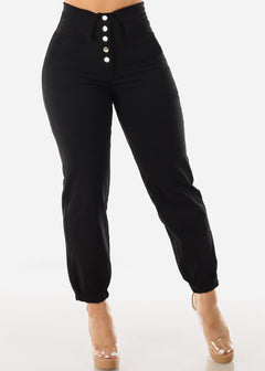Women's High Rise Black Dressy Jogger Pants - Black Button Up