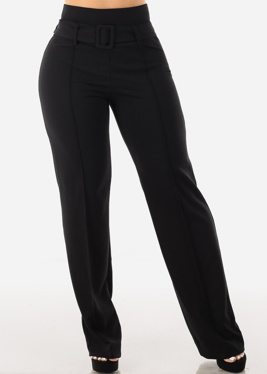 Black Straight Wide Leg Stretch Dress Pants w Belt