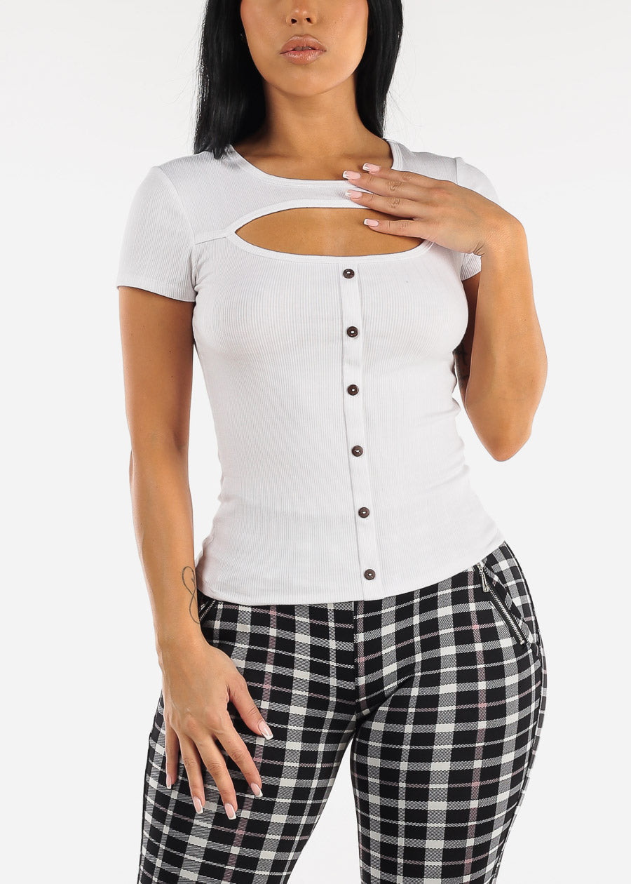 Short Sleeve Bust Cut Out Top White
