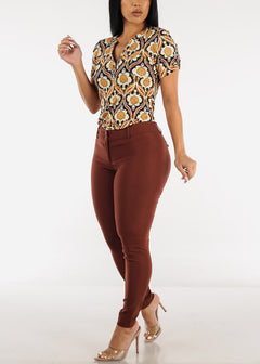Brown Mid Rise 2 Button Dressy Skinny Pants