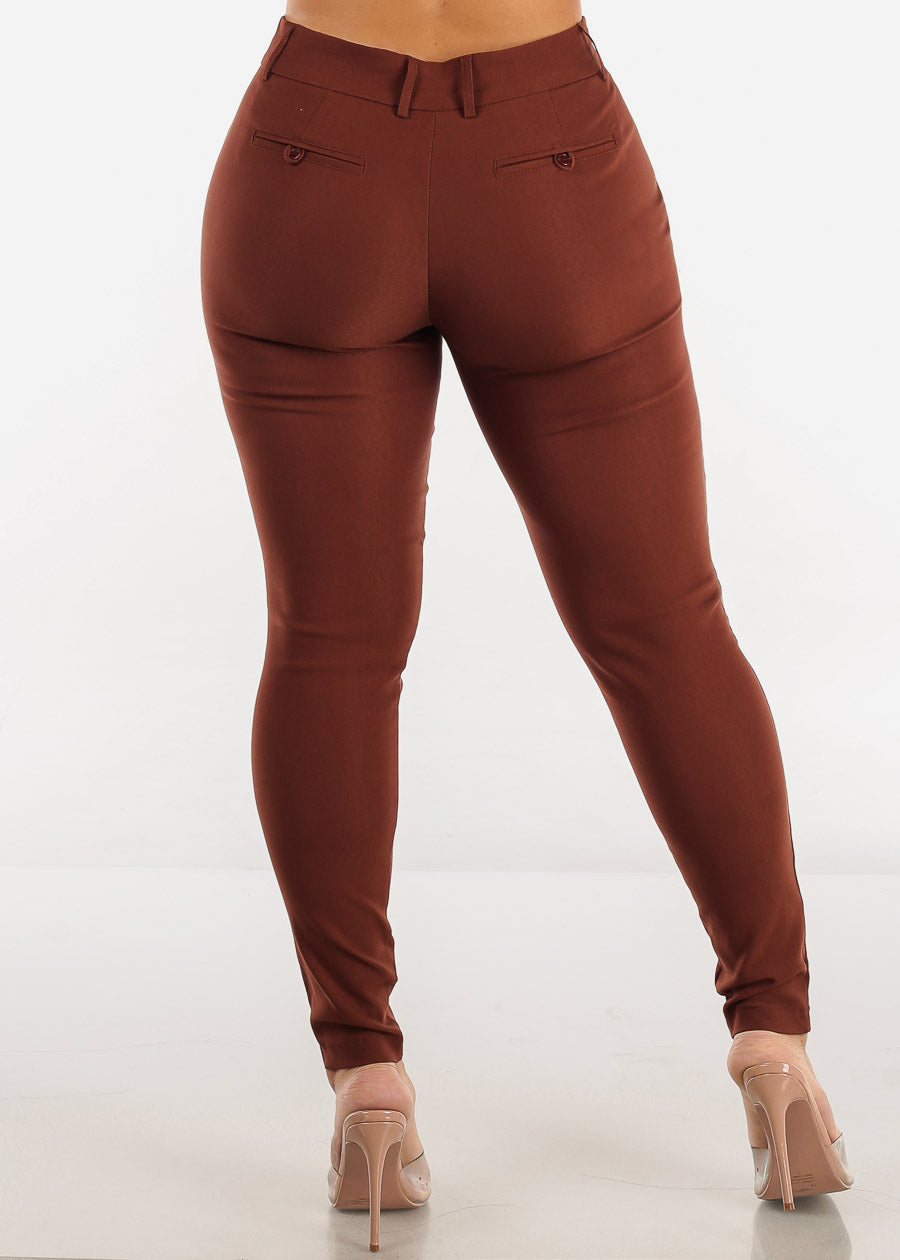 Brown Mid Rise 2 Button Dressy Skinny Pants