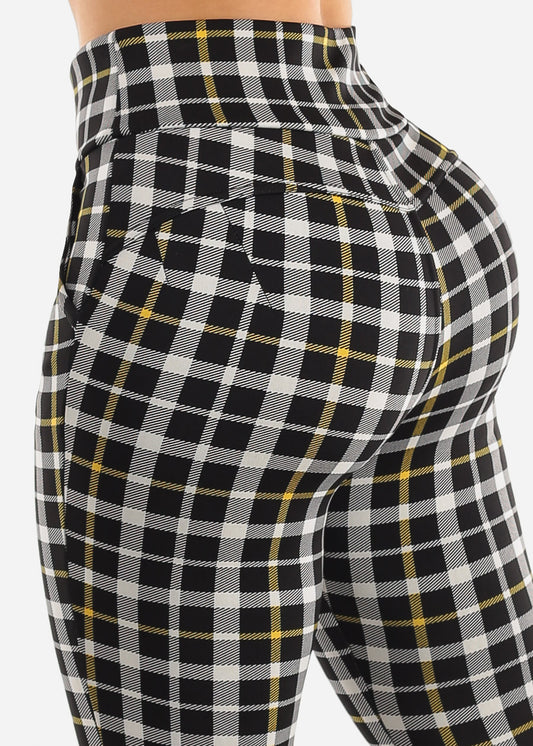 High Waisted Butt Lift Stretchy Plaid Skinny Pants w Pockets