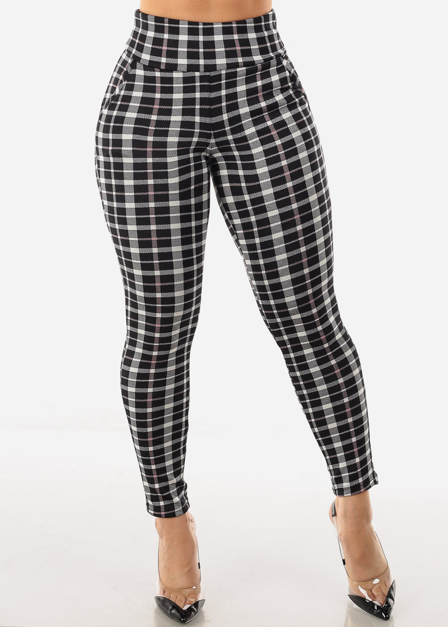 High Waist Butt Lift Black Plaid Skinny Pants w Pockets