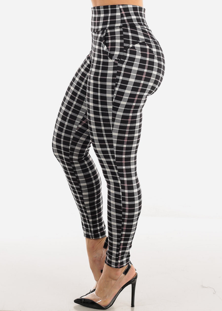 High Waist Butt Lift Black Plaid Skinny Pants w Pockets