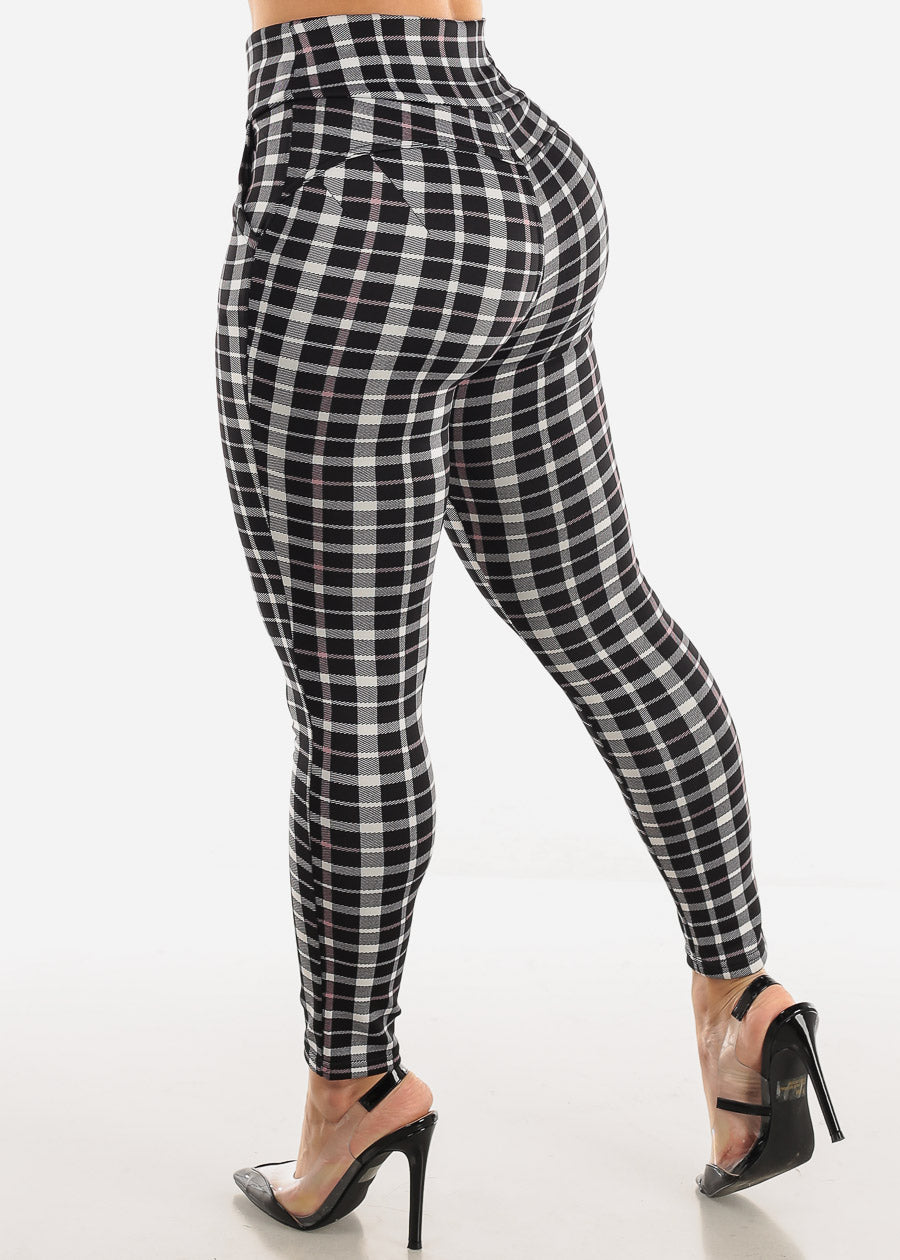 High Waist Butt Lift Black Plaid Skinny Pants w Pockets