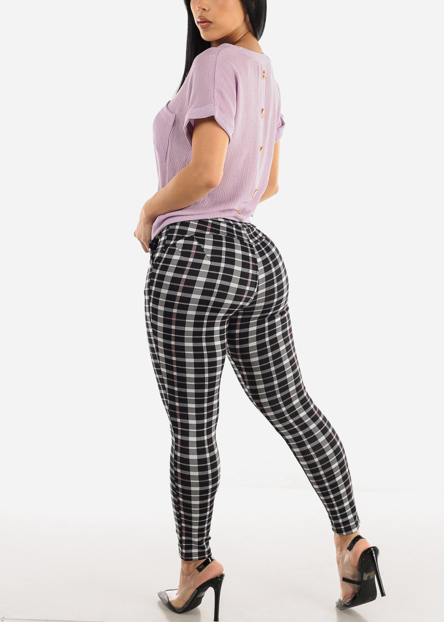 High Waist Butt Lift Black Plaid Skinny Pants w Pockets