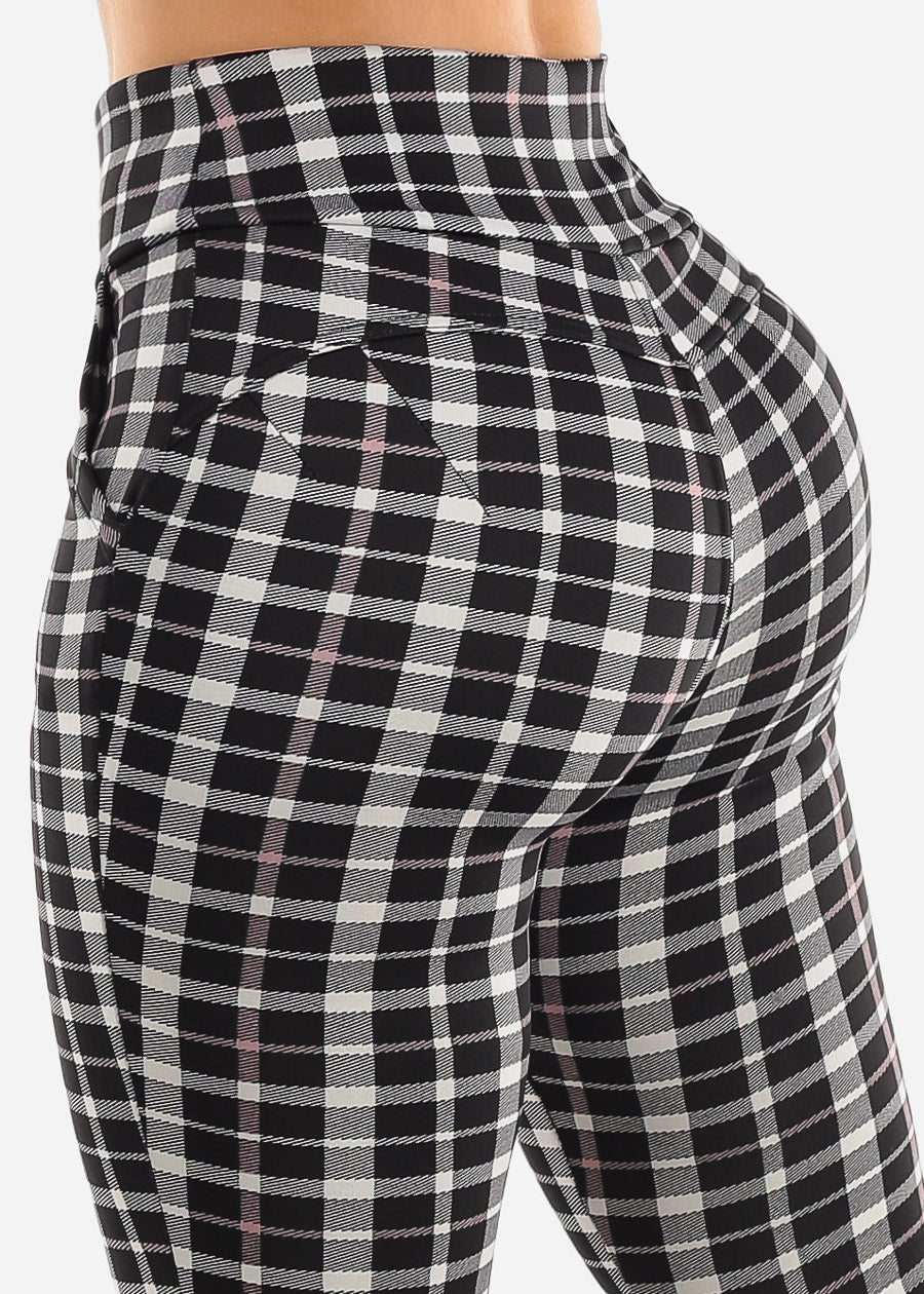 High Waist Butt Lift Black Plaid Skinny Pants w Pockets