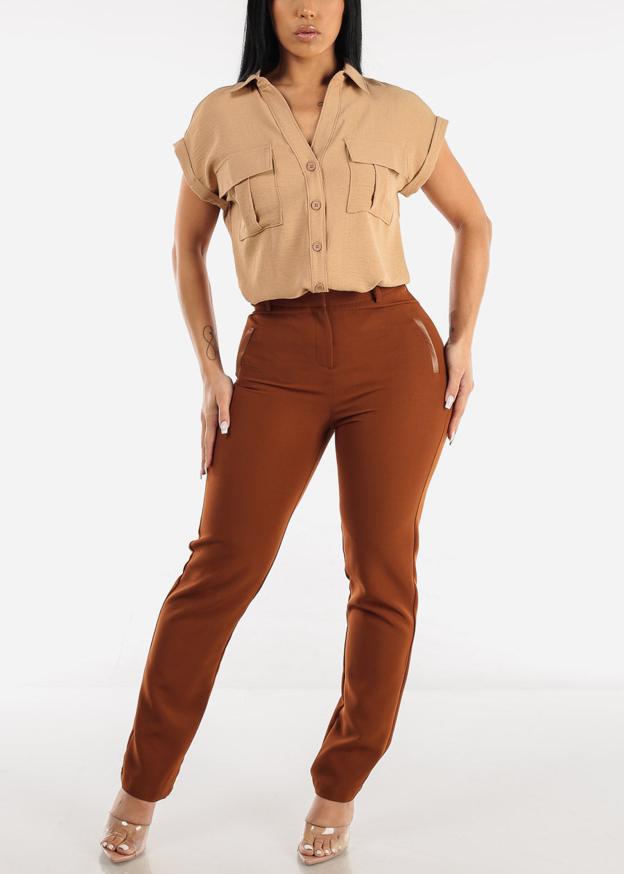 Brown Straight Leg Trouser Pants