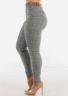 High Waisted Checkered Belted Skinny Pants