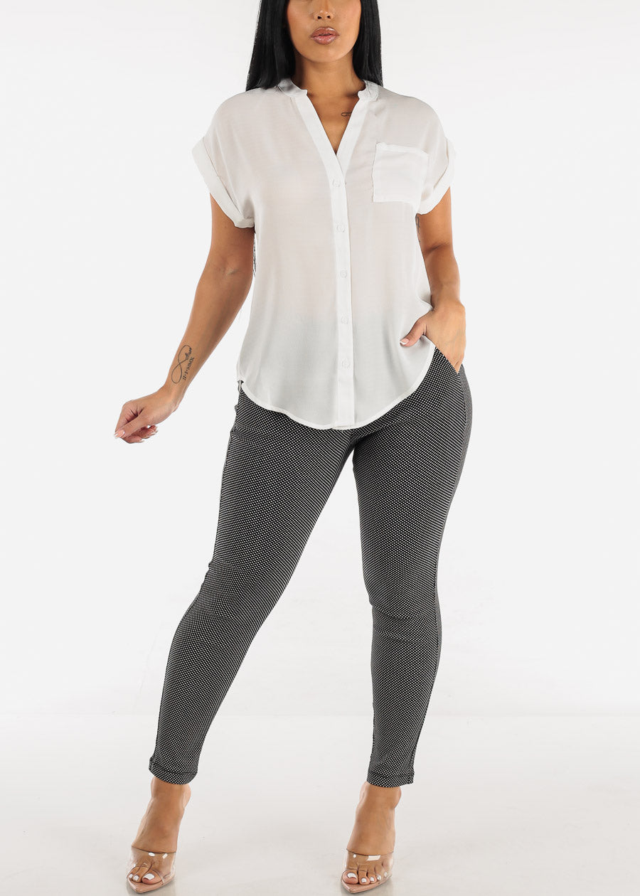 High Waisted Black Printed Elastic Waist Skinny Pants