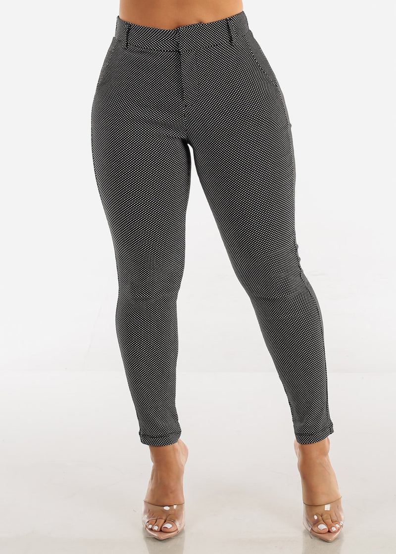 High Waisted Black Printed Elastic Waist Skinny Pants