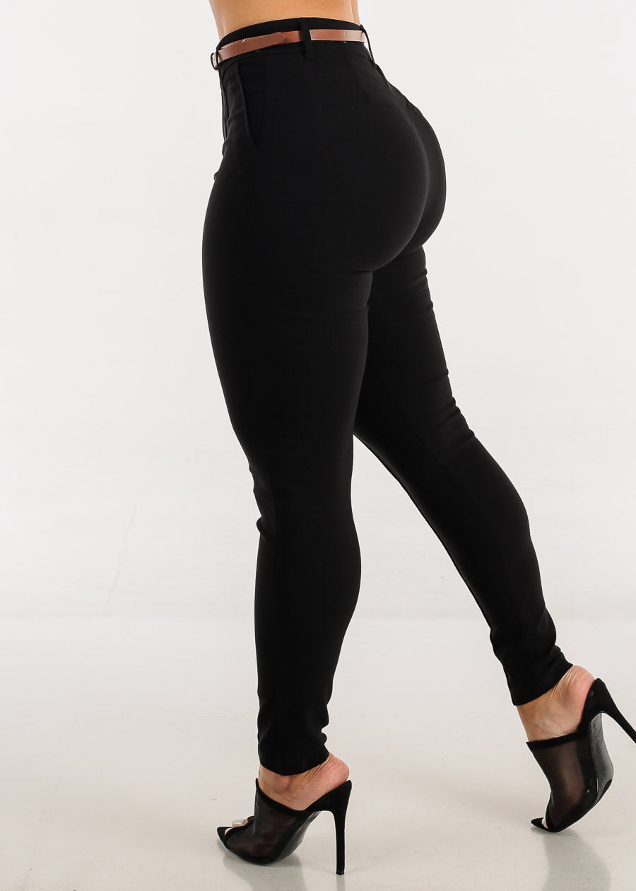 High Waisted Black Twill Skinny Pants w Belt