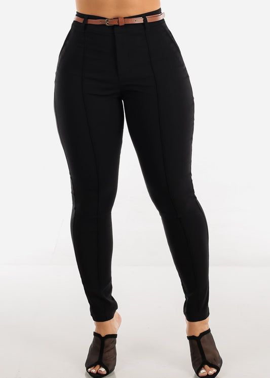 High Waisted Black Twill Skinny Pants w Belt