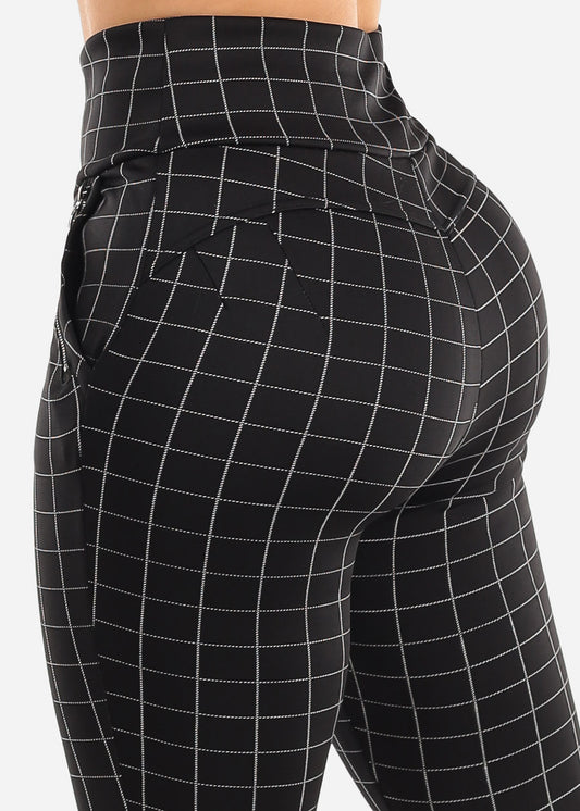 High Waist Butt Lift Black Windowpane Skinny Pants