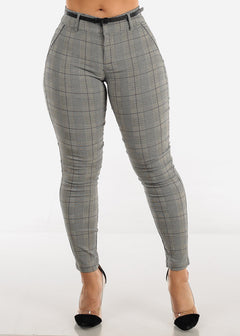 Belted Checkered High Waisted Skinny Pants