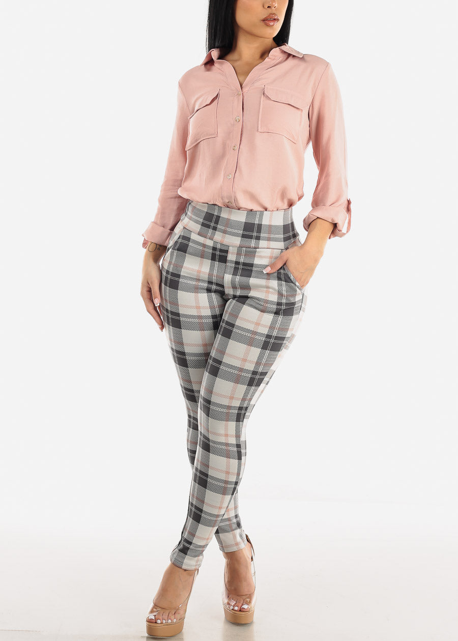 High Waisted Butt Lifting Stretchy Plaid Skinny Pants w Pockets