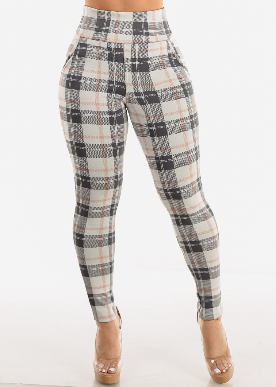 High Waisted Butt Lifting Stretchy Plaid Skinny Pants w Pockets