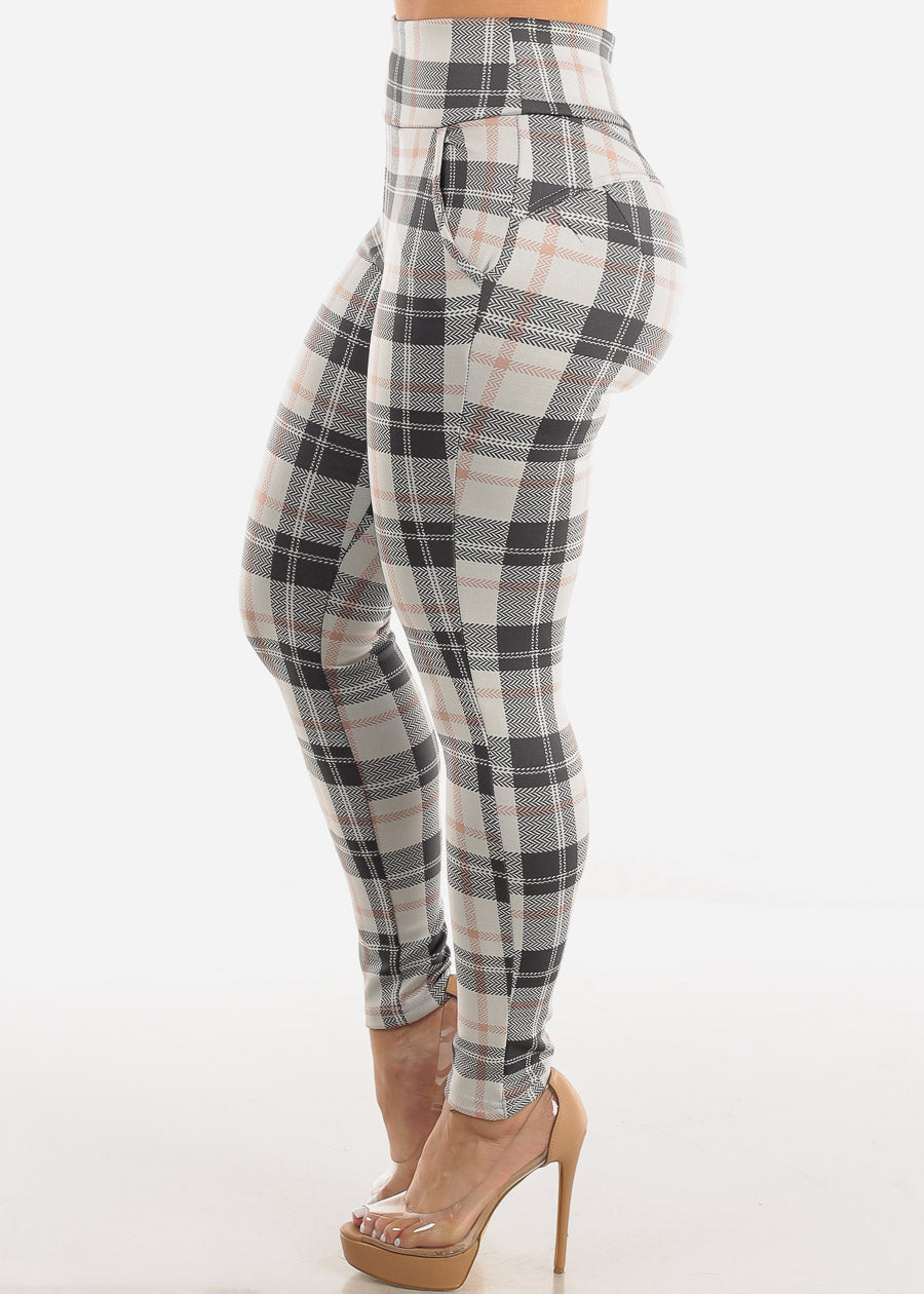 High Waisted Butt Lifting Stretchy Plaid Skinny Pants w Pockets