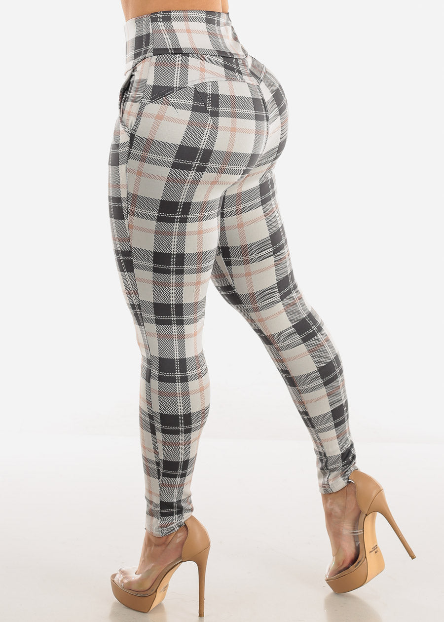 High Waisted Butt Lifting Stretchy Plaid Skinny Pants w Pockets