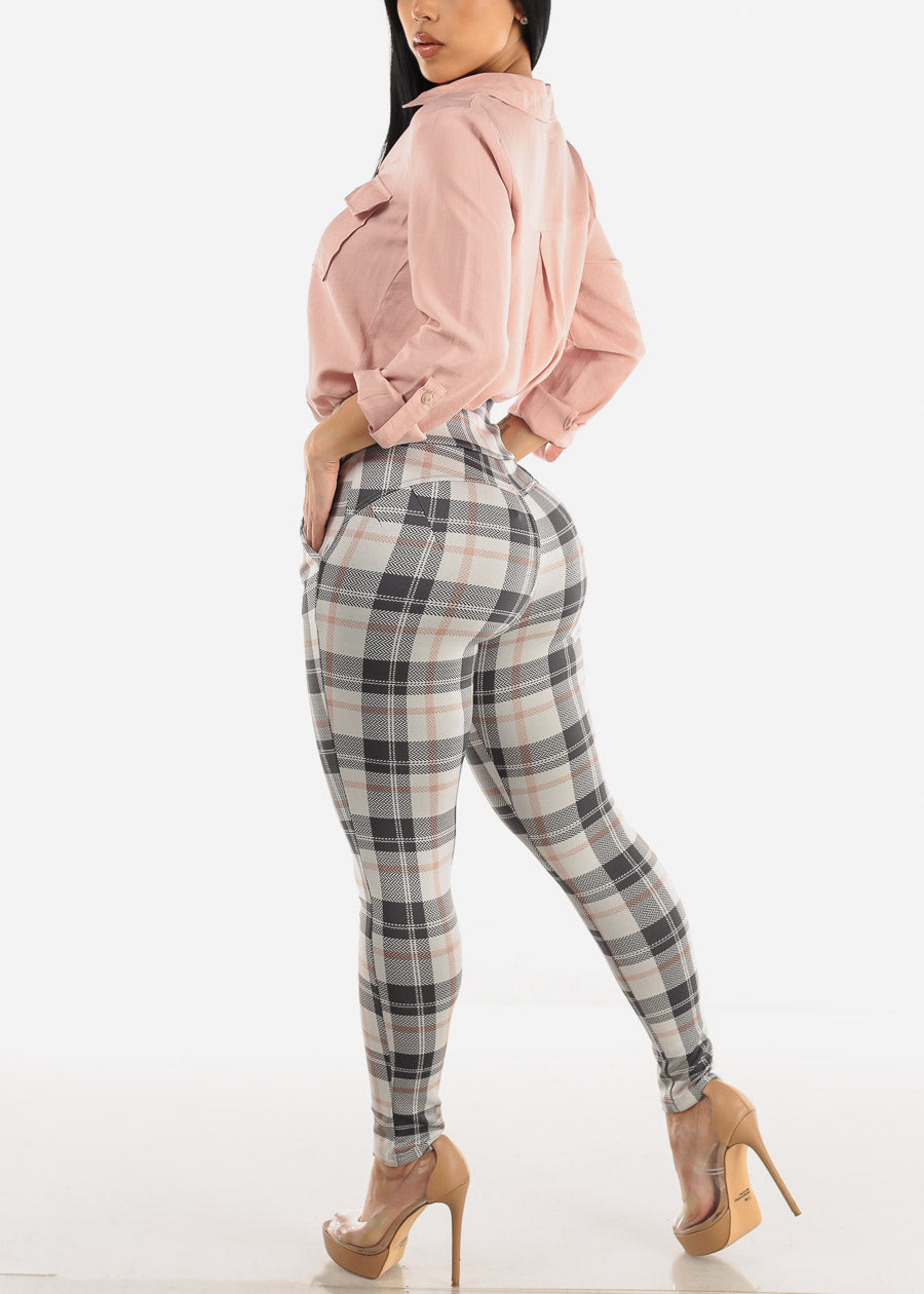 High Waisted Butt Lifting Stretchy Plaid Skinny Pants w Pockets