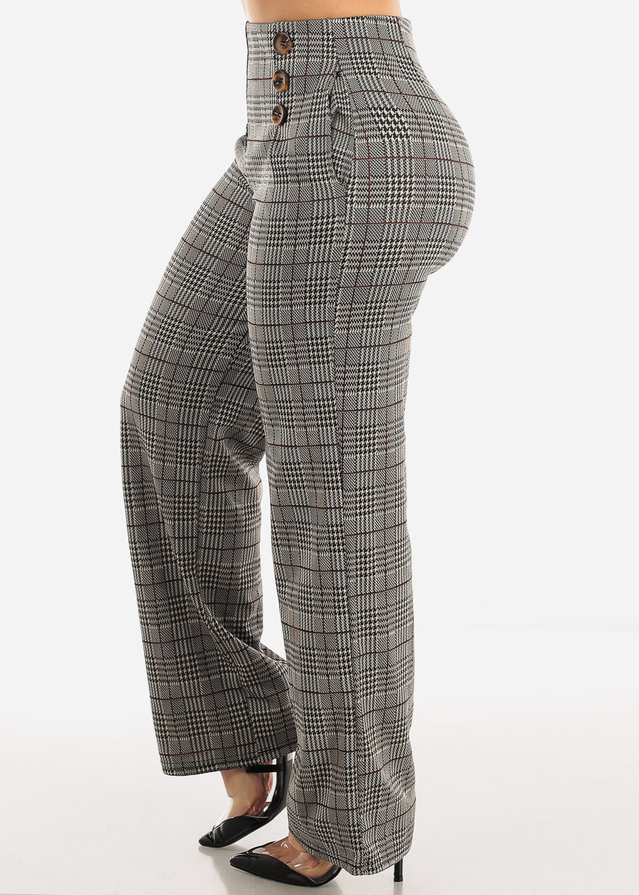 Women's Brown Wide Leg Plaid Dress Pants - Plaid Wide Leg Straight ...