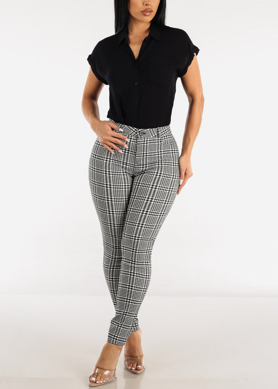 Mid Rise Plaid Skinny Pants Black & White