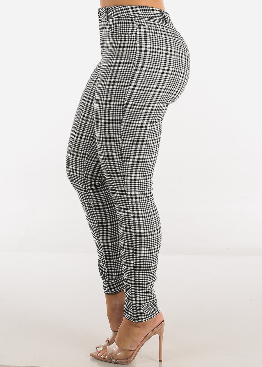 Mid Rise Plaid Skinny Pants Black & White