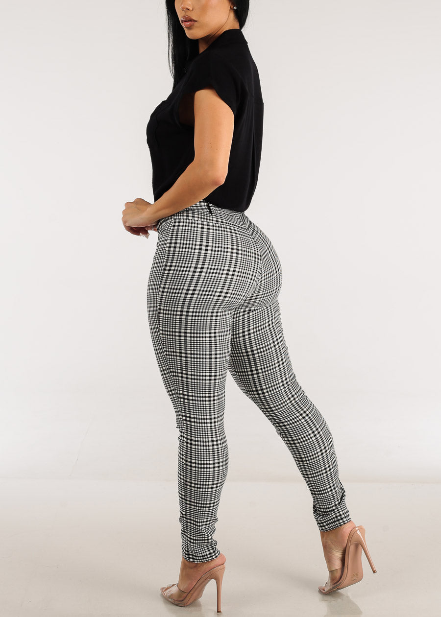 Mid Rise Plaid Skinny Pants Black & White