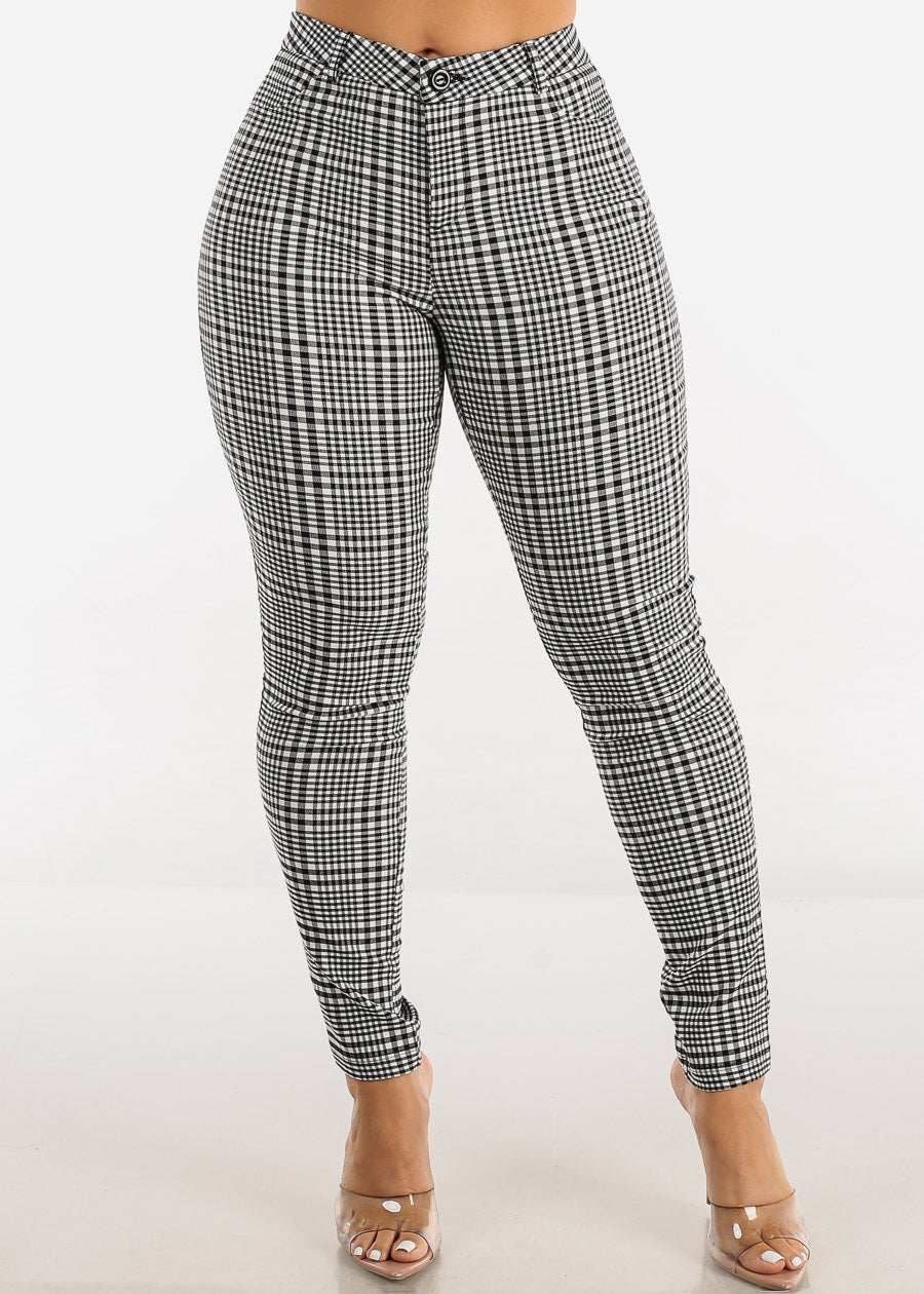 Mid Rise Plaid Skinny Pants Black & White