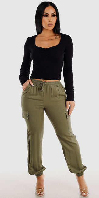 Olive Drawstring Cargo Jogger Pants with Long Sleeve Black Ribbed Sweater Crop Top